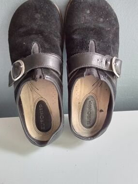 Eurostep Black Suede Leather Buckle Strap Clogs Mary Jane Mules Shoes